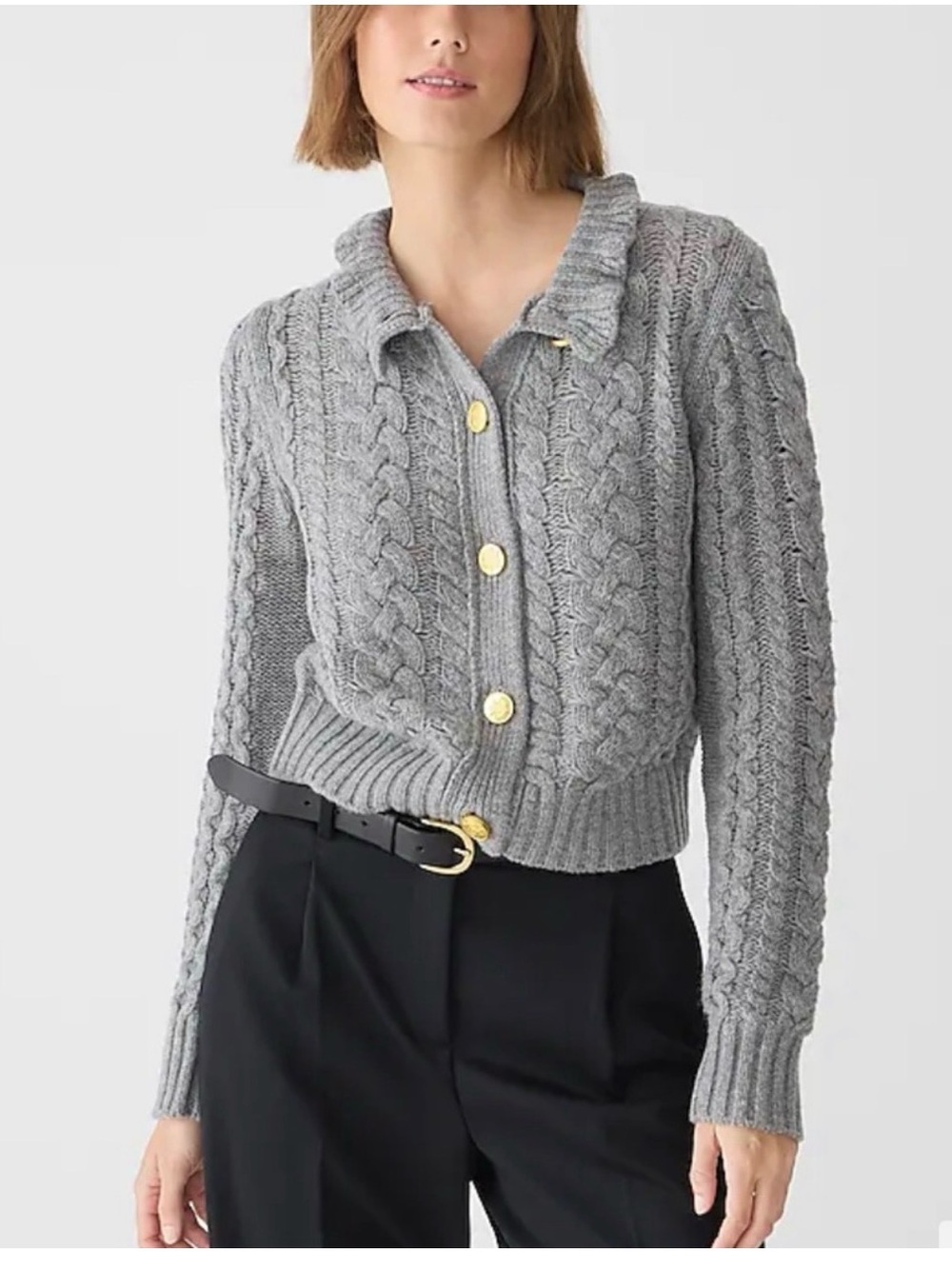 J. Crew Gray Cable-knit ruffleneck cardigan sweater